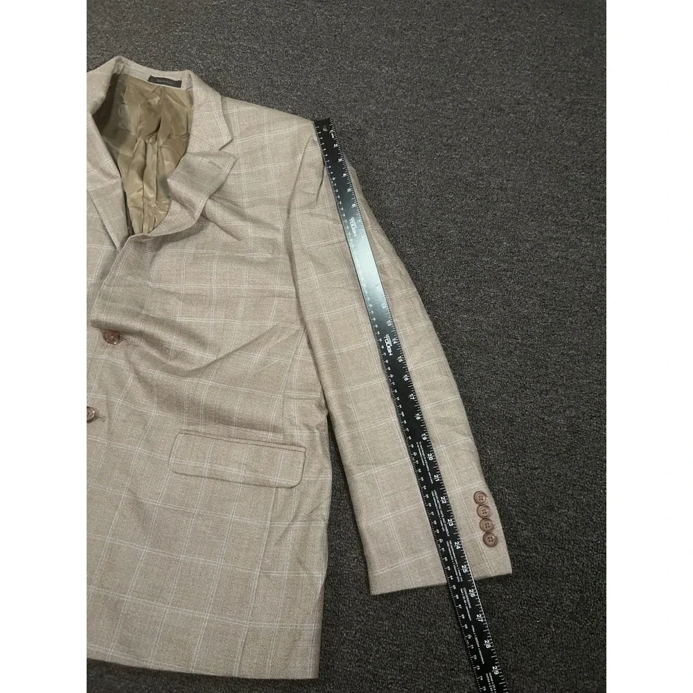 Ralph Lauren Blazer Jacket Men's 46R Beige Windowpane Check Silk Wool Modern